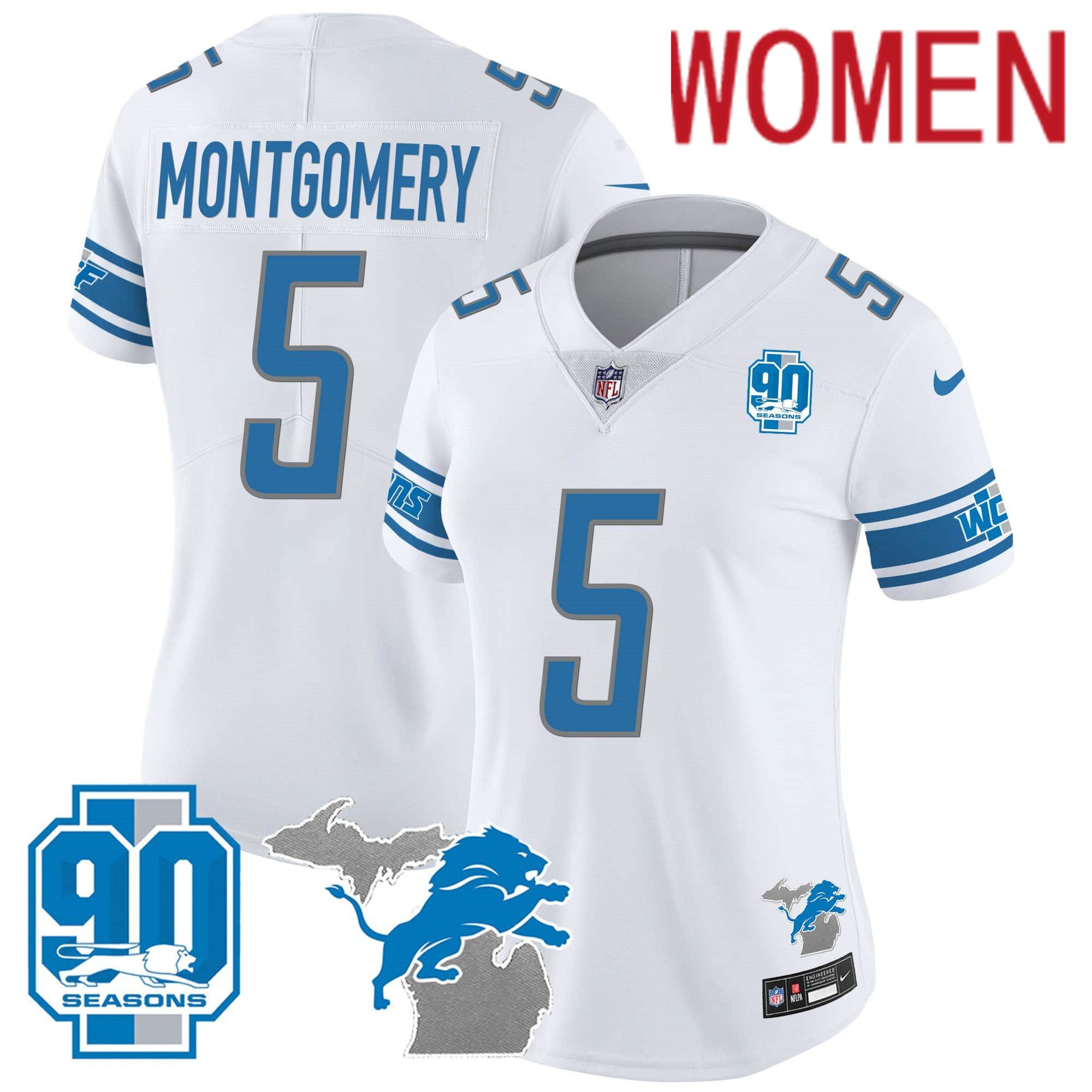 Women Detroit Lions 5 Montgomery White 2024 Nike 90th Year Michigan Patch Vapor NFL Jersey